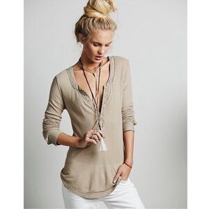 We The Free, Free People Waffle Knit “Every Girl Henley” Top Taupe Tan Medium